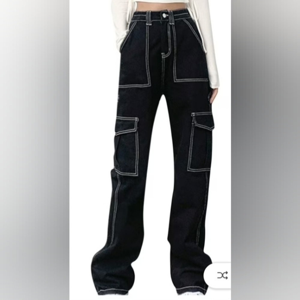 Black Cargo Jeans High Waist Wide Straight Leg Trousers - Picture 1 of 11